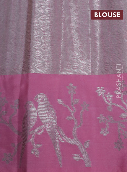 Cotton zari kota saree pista green and peach pink with allover silver zari weaves and silver zari woven border