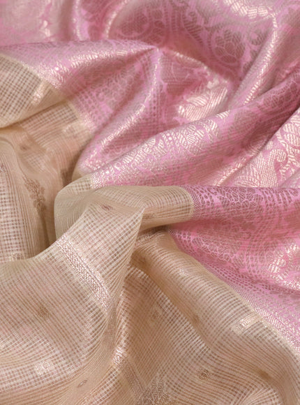 Cotton zari kota saree sandal and light pink with allover zari weaves and long zari woven border