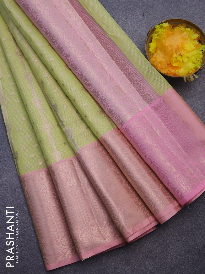 Cotton zari kota saree light green and peach pink with allover zari weaves and long zari woven border