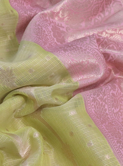 Cotton zari kota saree light green and peach pink with allover zari weaves and long zari woven border