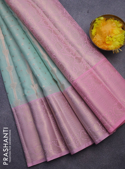 Cotton zari kota saree teal green shade and light pink with allover zari weaves and long zari woven border