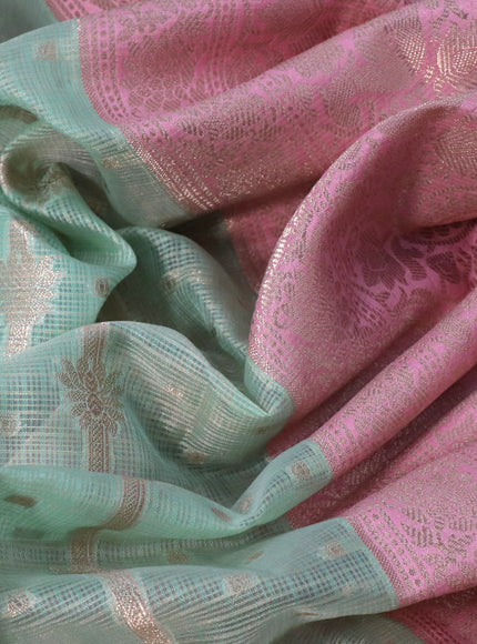 Cotton zari kota saree teal green shade and light pink with allover zari weaves and long zari woven border