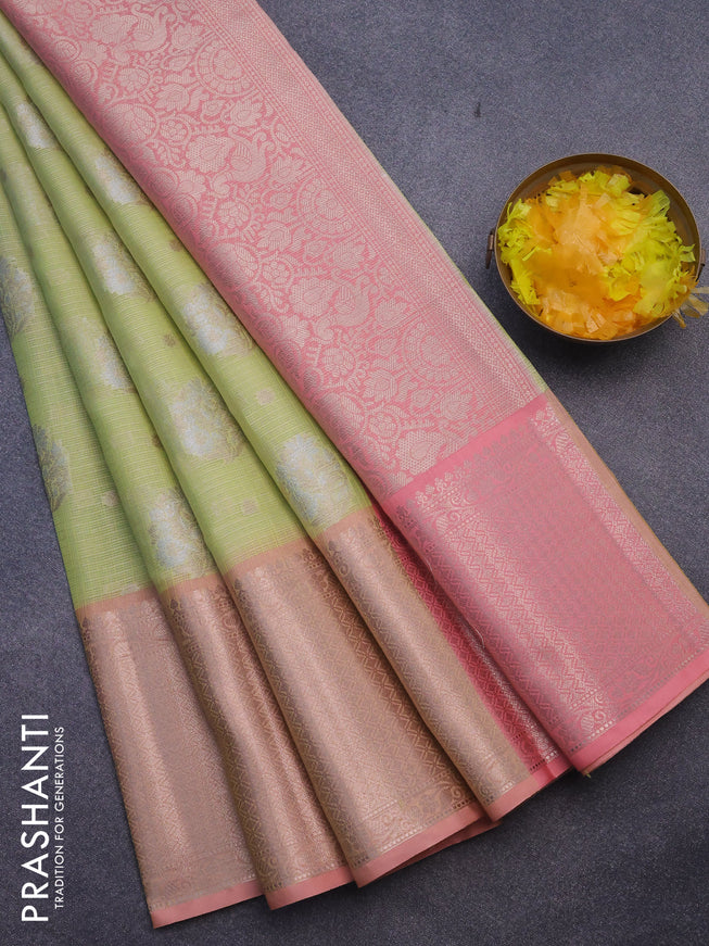 Cotton zari kota saree pista green and peach pink with zari woven buttas and long zari woven border