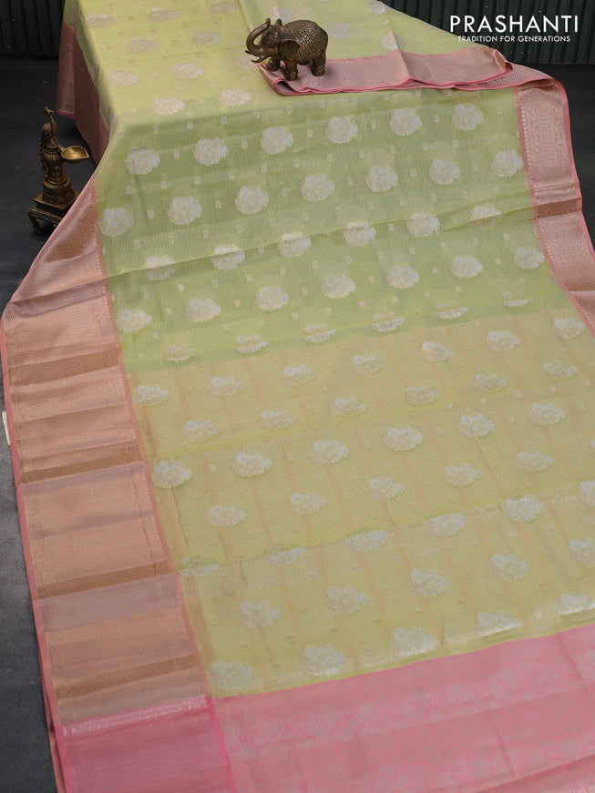 Cotton zari kota saree pista green and peach pink with zari woven buttas and long zari woven border