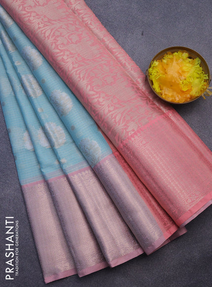 Cotton zari kota saree teal blue and peach pink with zari woven buttas and long zari woven border