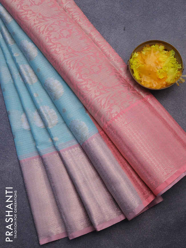 Cotton zari kota saree teal blue and peach pink with zari woven buttas and long zari woven border