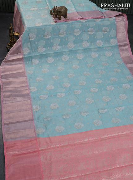 Cotton zari kota saree teal blue and peach pink with zari woven buttas and long zari woven border