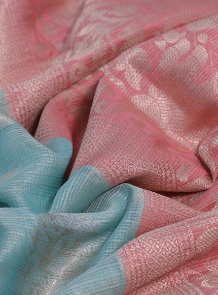 Cotton zari kota saree teal blue and peach pink with zari woven buttas and long zari woven border