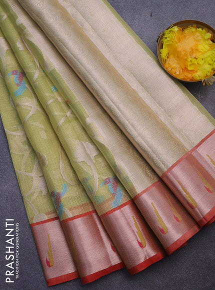 Cotton zari kota tissue saree light green and red with allover zari weaves and zari woven muniya butta border