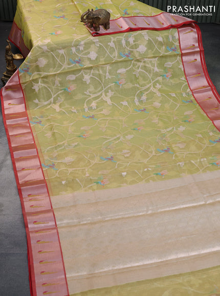 Cotton zari kota tissue saree light green and red with allover zari weaves and zari woven muniya butta border