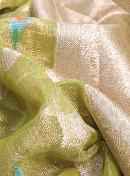 Cotton zari kota tissue saree light green and red with allover zari weaves and zari woven muniya butta border