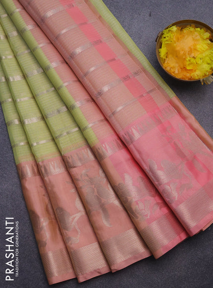 Cotton zari kota saree light green and peach pink with allover zari woven stripes pattern and long zari woven border