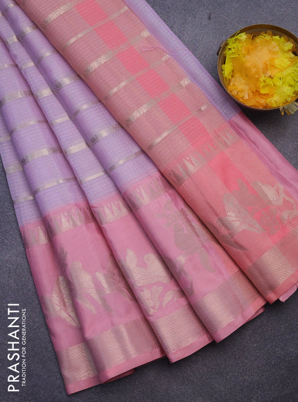 Cotton zari kota saree pastel lavender and peach pink with allover zari woven stripes pattern and long zari woven border