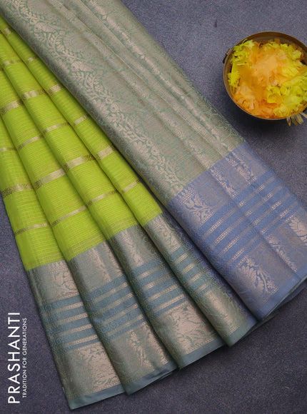 Cotton zari kota saree fluorescent green and dual shade of grey with allover zari woven stripes pattern and long zari woven border