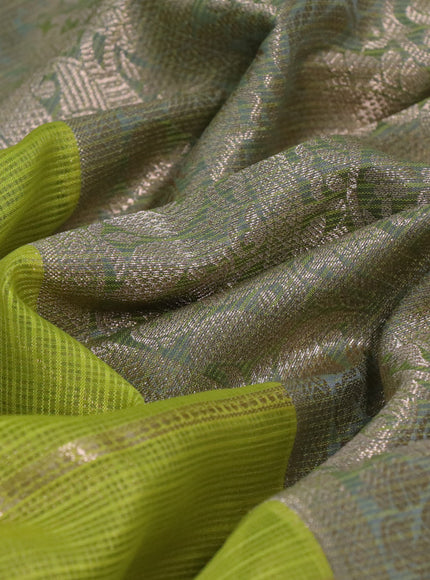 Cotton zari kota saree fluorescent green and dual shade of grey with allover zari woven stripes pattern and long zari woven border