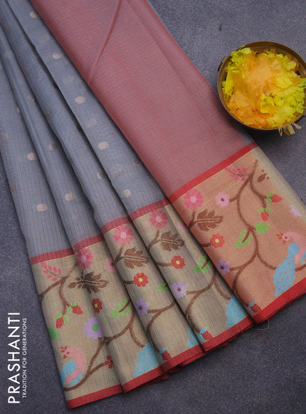 Cotton zari kota tissue saree grey and red with zari woven buttas and zari woven paithani border