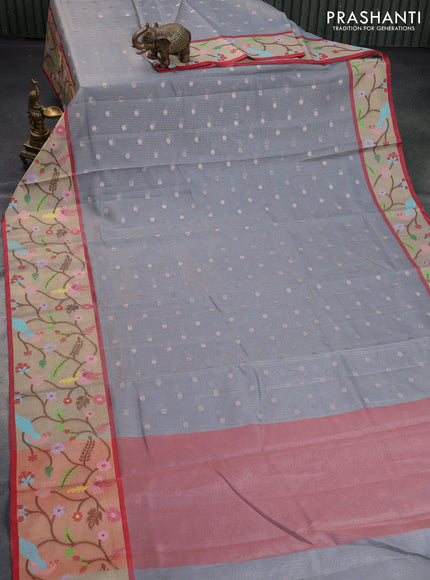 Cotton zari kota tissue saree grey and red with zari woven buttas and zari woven paithani border