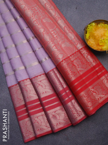 Cotton zari kota saree pastel lavender and red with allover stripes pattern and long zari woven border