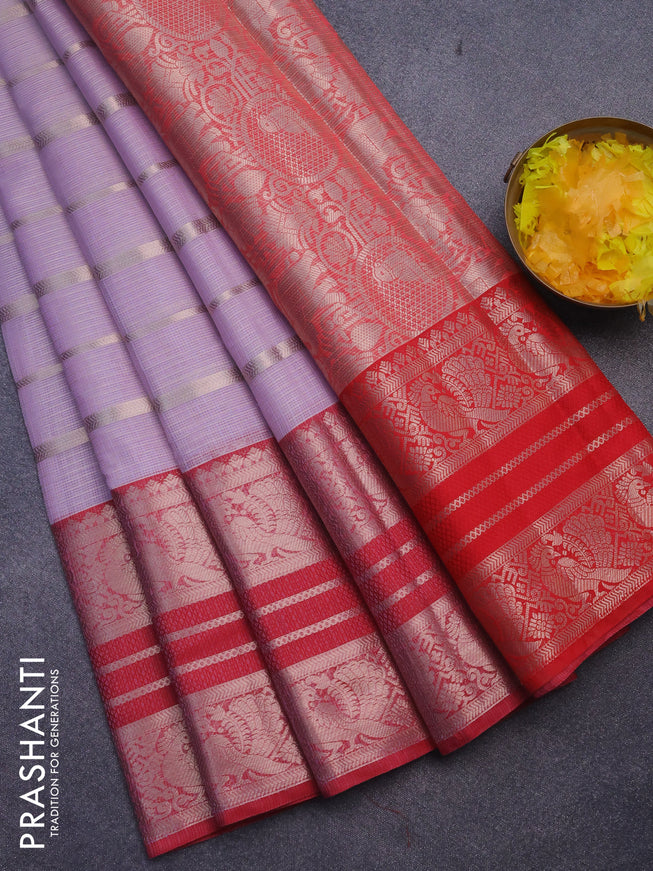 Cotton zari kota saree pastel lavender and red with allover stripes pattern and long zari woven border