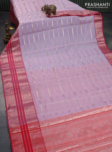 Cotton zari kota saree pastel lavender and red with allover stripes pattern and long zari woven border