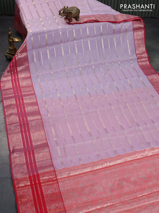 Cotton zari kota saree pastel lavender and red with allover stripes pattern and long zari woven border