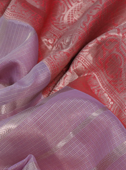 Cotton zari kota saree pastel lavender and red with allover stripes pattern and long zari woven border