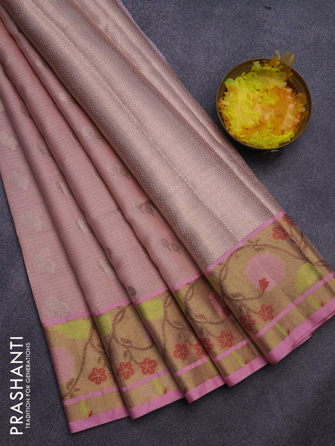 Cotton zari kota saree peach shade and light pink with zari woven buttas and zari woven paithani border