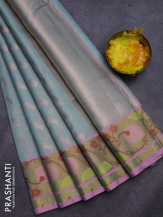 Cotton zari kota saree teal blue and light pink with zari woven buttas and zari woven paithani border