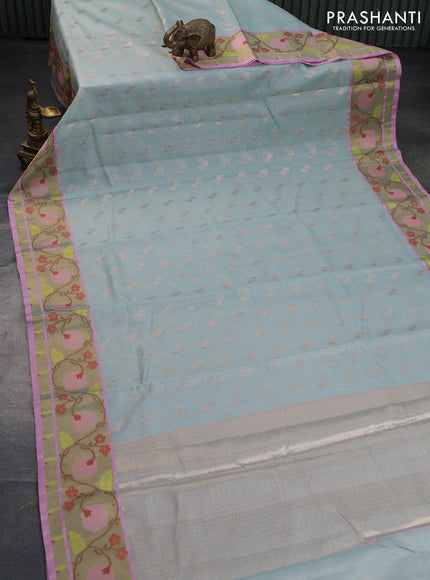 Cotton zari kota saree teal blue and light pink with zari woven buttas and zari woven paithani border