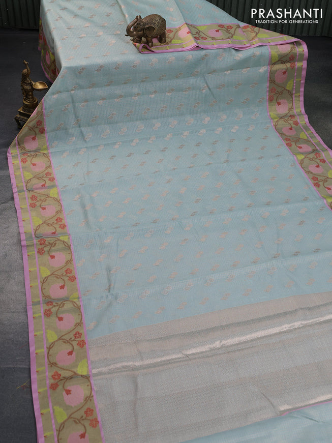 Cotton zari kota saree teal blue and light pink with zari woven buttas and zari woven paithani border