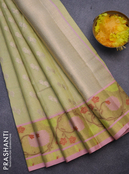 Cotton zari kota saree pista green and peach pink with zari woven buttas and zari woven paithani border