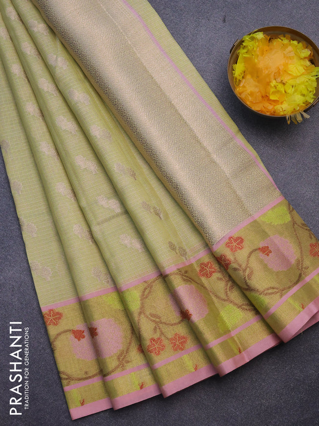 Cotton zari kota saree pista green and peach pink with zari woven buttas and zari woven paithani border