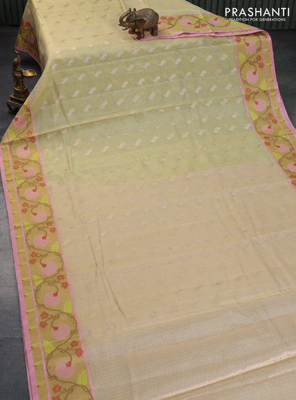 Cotton zari kota saree pista green and peach pink with zari woven buttas and zari woven paithani border