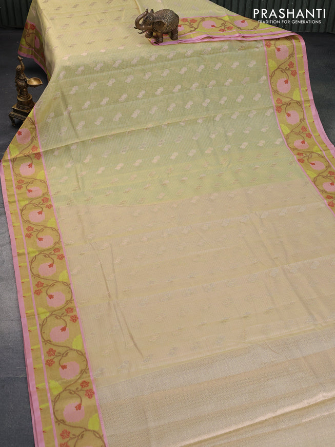 Cotton zari kota saree pista green and peach pink with zari woven buttas and zari woven paithani border