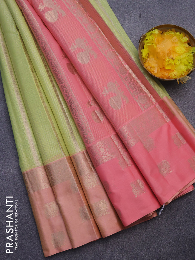 Cotton zari kota saree pista green and peach pink with allover zari weaves and zari woven butta border