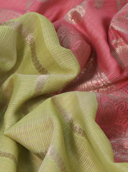 Cotton zari kota saree pista green and peach pink with allover zari weaves and zari woven butta border