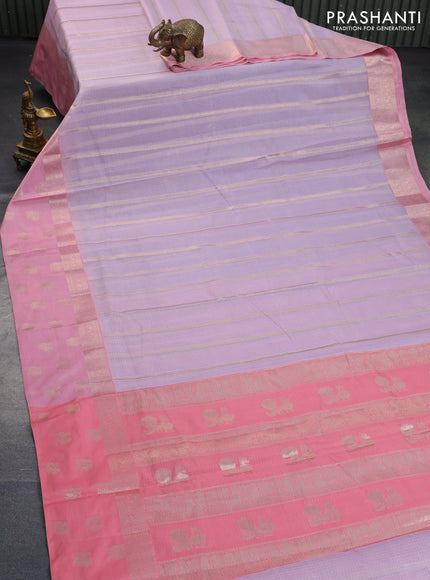 Cotton zari kota saree pastel lavender and peach pink with allover zari weaves and zari woven butta border