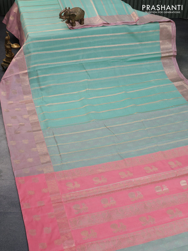 Cotton zari kota saree teal green and peach pink with allover zari weaves and zari woven butta border