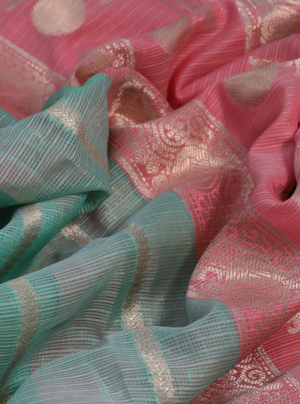 Cotton zari kota saree teal green and peach pink with allover zari weaves and zari woven butta border