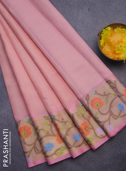 Cotton zari kota saree peach pink and light pink with plain body and zari woven paithani border