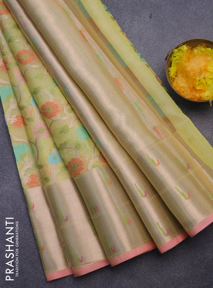 Cotton zari kota saree pale yellow and peach pink with allover paithani weaves and zari woven muniya butta border