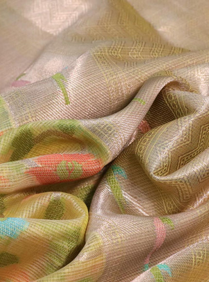 Cotton zari kota saree pale yellow and peach pink with allover paithani weaves and zari woven muniya butta border