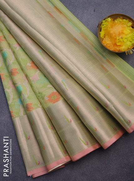 Cotton zari kota saree pista green and peach pink with allover paithani weaves and zari woven muniya butta border