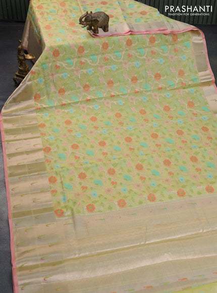 Cotton zari kota saree pista green and peach pink with allover paithani weaves and zari woven muniya butta border