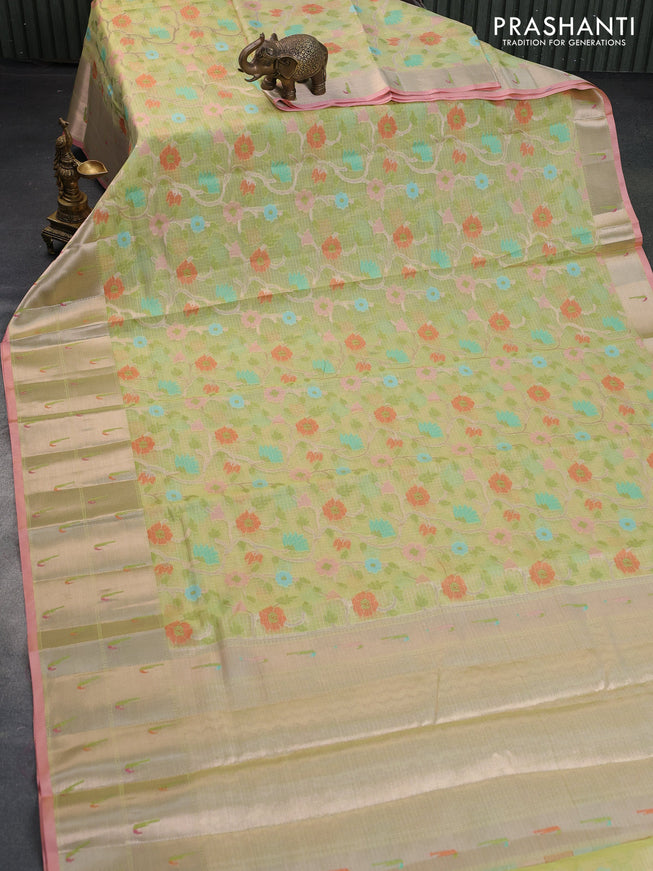 Cotton zari kota saree pista green and peach pink with allover paithani weaves and zari woven muniya butta border