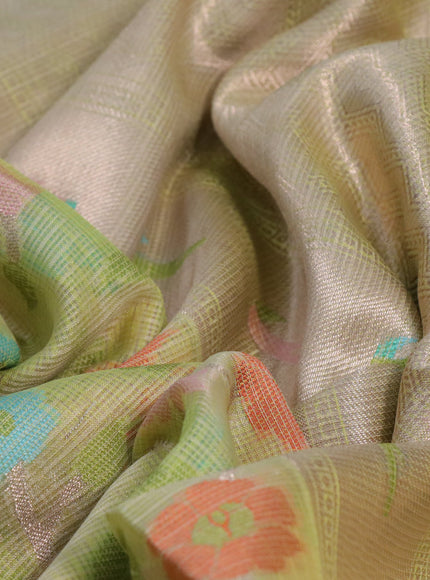 Cotton zari kota saree pista green and peach pink with allover paithani weaves and zari woven muniya butta border