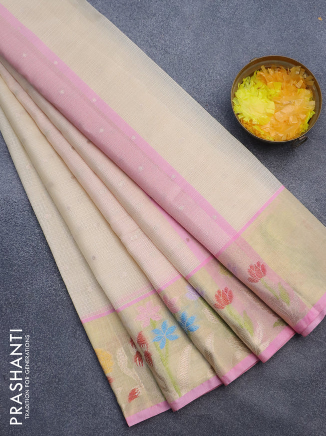 Cotton zari kota saree sandal and light pink with zari woven buttas and zari woven paithani design border