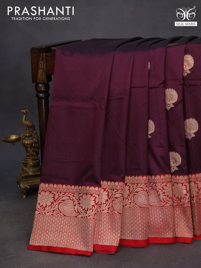 Pure banarasi katan silk saree wine shade and red with copper zari woven floral buttas and copper zari woven border