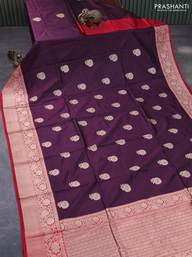 Pure banarasi katan silk saree wine shade and red with copper zari woven floral buttas and copper zari woven border