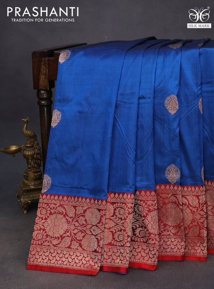 Pure banarasi katan silk saree cs blue and red with copper zari woven buttas and floral zari woven border